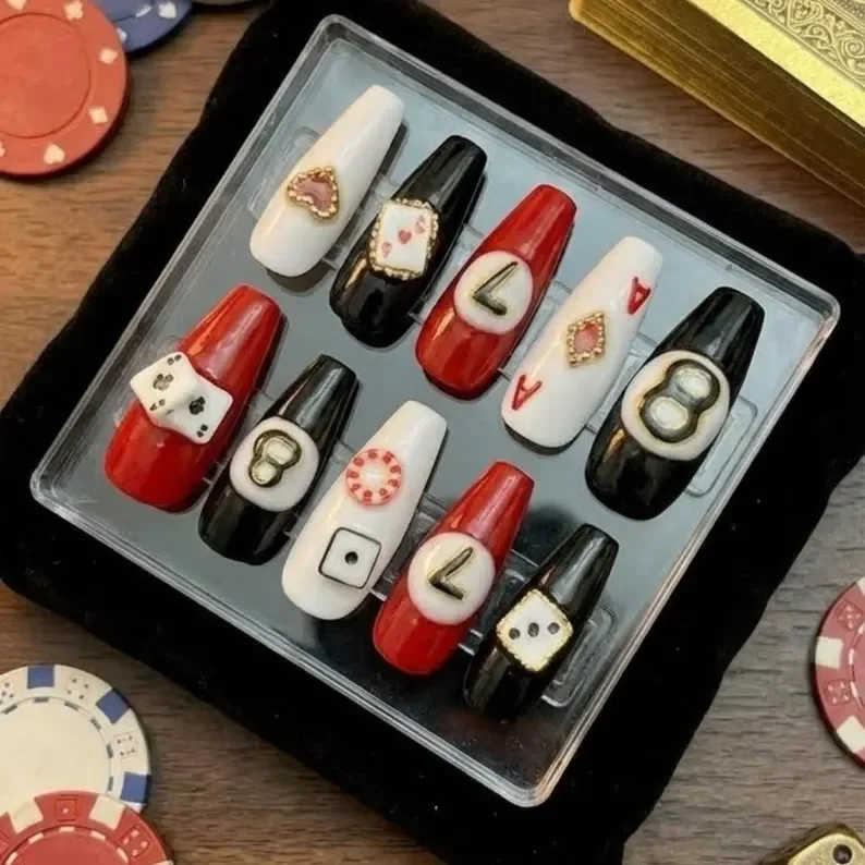 poker art, casino themed, press on nails, custom press on nails, fake nails, Nails Art, stained glass nails, gold press on nails, 3d press on nails, luxury press on nails, handmade press on nails