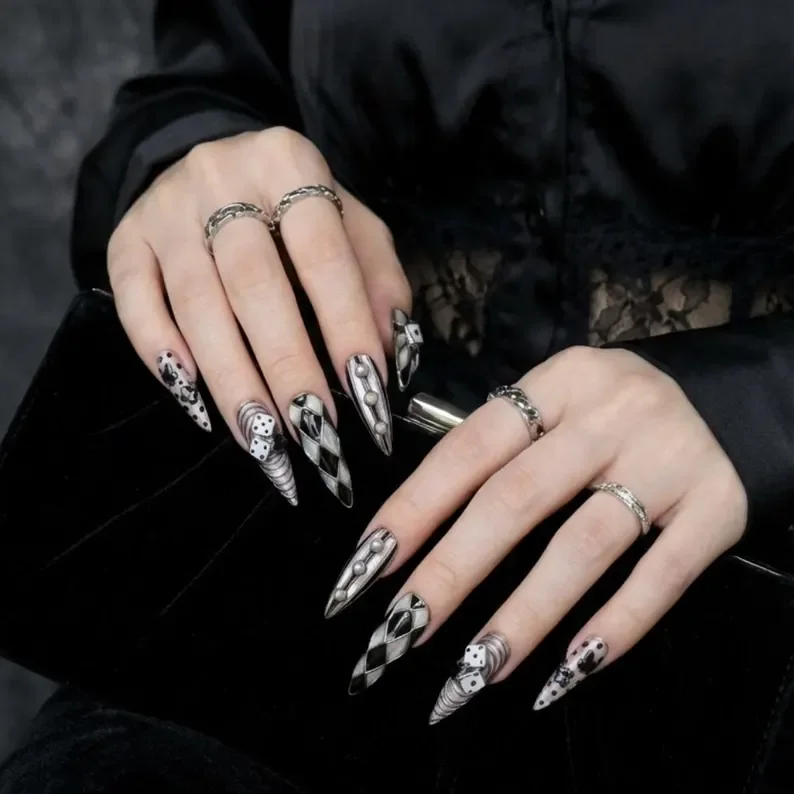 black and white nails, iridescent maximalist, press on nails, custom press on nails, fake nails, Nails Art, stained glass nails, gold press on nails, 3d press on nails, luxury press on nails, handmade press on nails