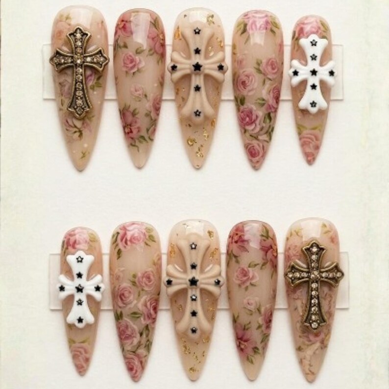 Ornate cross nails, Press on nails, press on nails, custom press on nails, fake nails, Nails Art, stained glass nails, gold press on nails, 3d press on nails, luxury press on nails, handmade press on nails