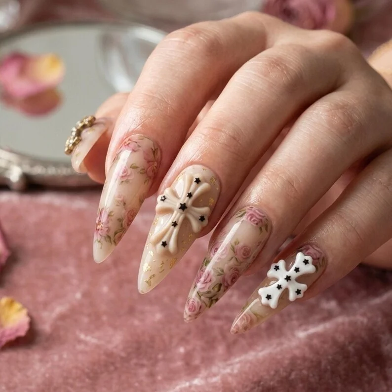 Gothic bouquet nails, Rose nail art, press on nails, custom press on nails, fake nails, Nails Art, stained glass nails, gold press on nails, 3d press on nails, luxury press on nails, handmade press on nails