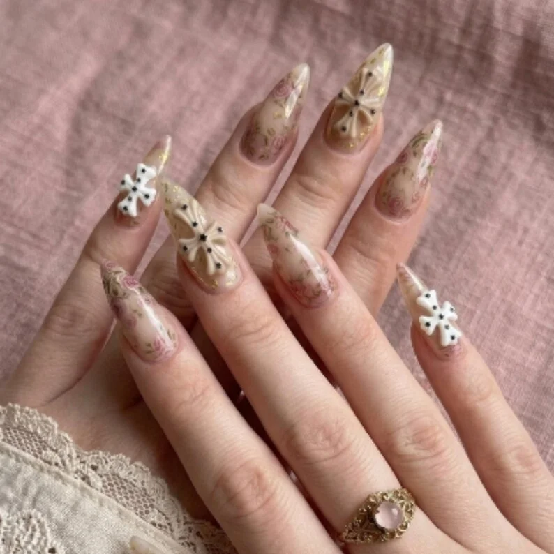 Cross nail art, Victorian style nails, press on nails, custom press on nails, fake nails, Nails Art, stained glass nails, gold press on nails, 3d press on nails, luxury press on nails, handmade press on nails