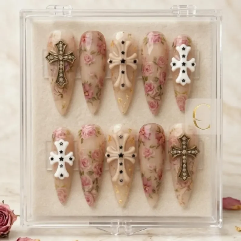 Bouquet nail design, Victorian rose nails, press on nails, custom press on nails, fake nails, Nails Art, stained glass nails, gold press on nails, 3d press on nails, luxury press on nails, handmade press on nails
