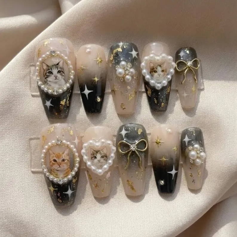 black ombre, pearl bows, press on nails, custom press on nails, fake nails, Nails Art, stained glass nails, gold press on nails, 3d press on nails, luxury press on nails, handmade press on nails