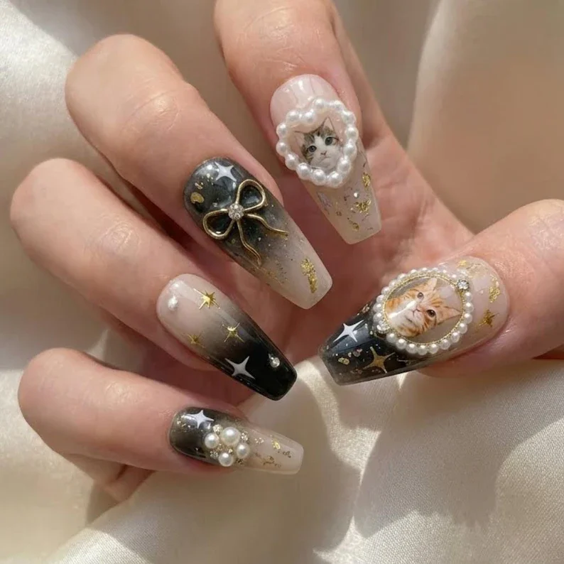 faux pearl nails, cat themed nails, press on nails, custom press on nails, fake nails, Nails Art, stained glass nails, gold press on nails, 3d press on nails, luxury press on nails, handmade press on nails