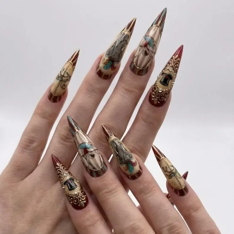 the greatest showman nails, artisan nail art, press on nails, custom press on nails, fake nails, Nails Art, stained glass nails, gold press on nails, 3d press on nails, luxury press on nails, handmade press on nails