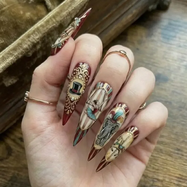 circus nail design, vintage nail set, press on nails, custom press on nails, fake nails, Nails Art, stained glass nails, gold press on nails, 3d press on nails, luxury press on nails, handmade press on nails