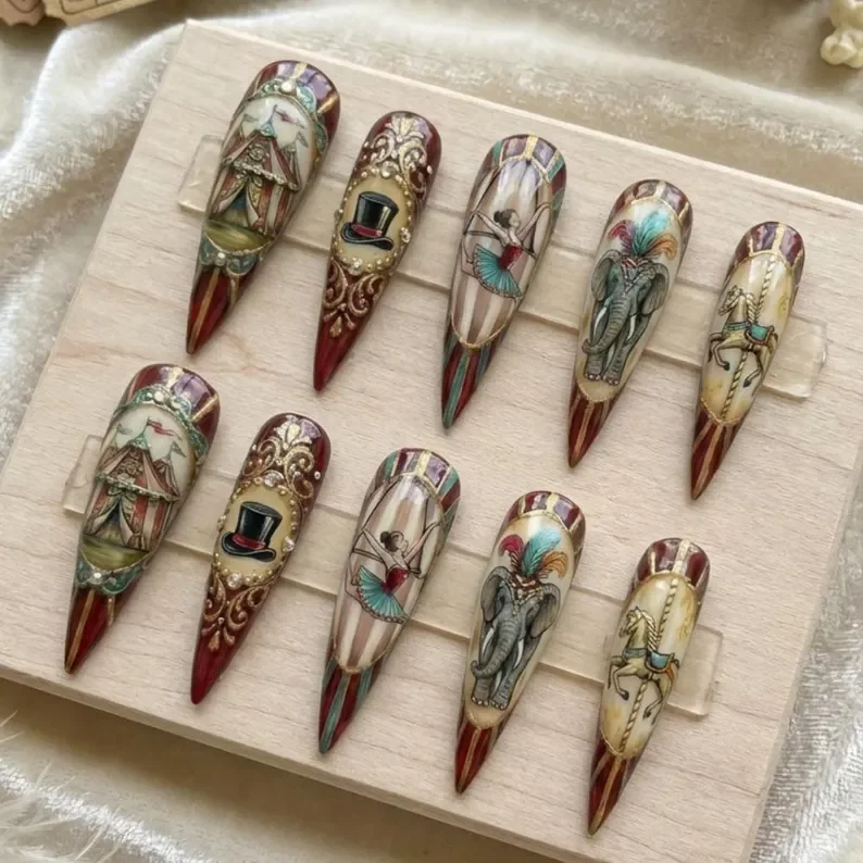 showman inspired nails, vintage circus nails, press on nails, custom press on nails, fake nails, Nails Art, stained glass nails, gold press on nails, 3d press on nails, luxury press on nails, handmade press on nails