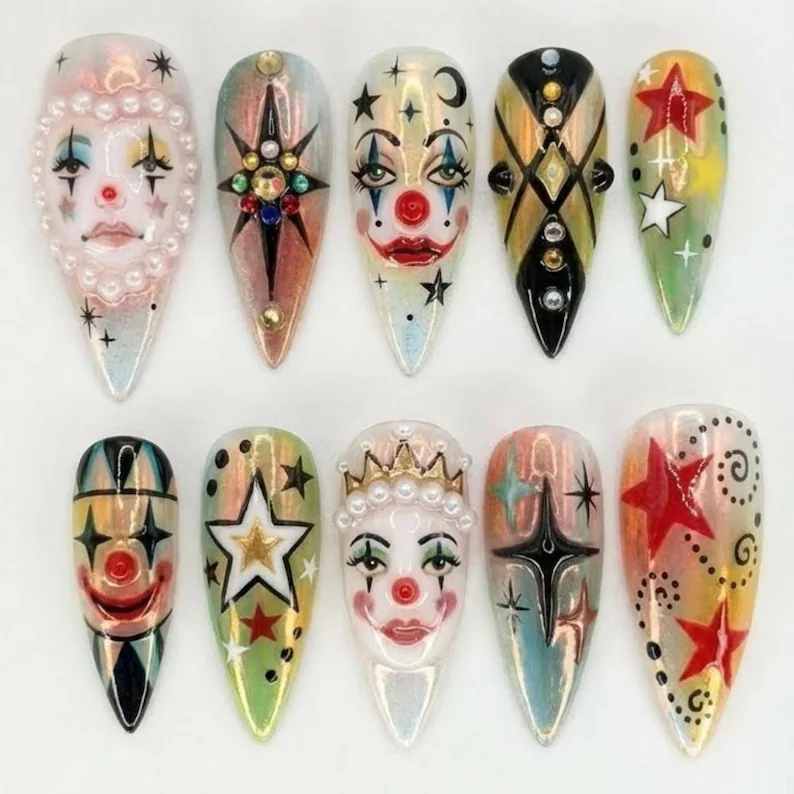 vintage clown-core, press on nails, custom press on nails, fake nails, Nails Art, stained glass nails, gold press on nails, 3d press on nails, luxury press on nails, handmade press on nails