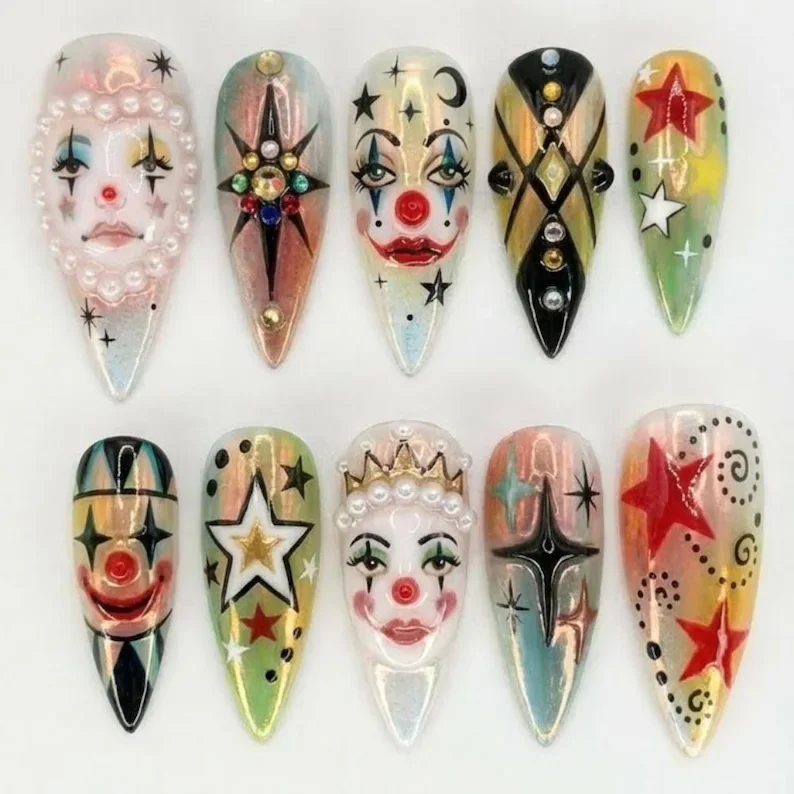 vintage clown-core, press on nails, custom press on nails, fake nails, Nails Art, stained glass nails, gold press on nails, 3d press on nails, luxury press on nails, handmade press on nails