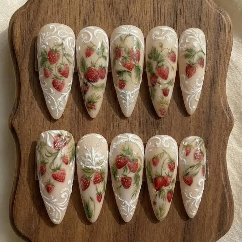 vintage roccoco nails, cream strawberry nails, press on nails, custom press on nails, fake nails, Nails Art, stained glass nails, gold press on nails, 3d press on nails, luxury press on nails, handmade press on nails