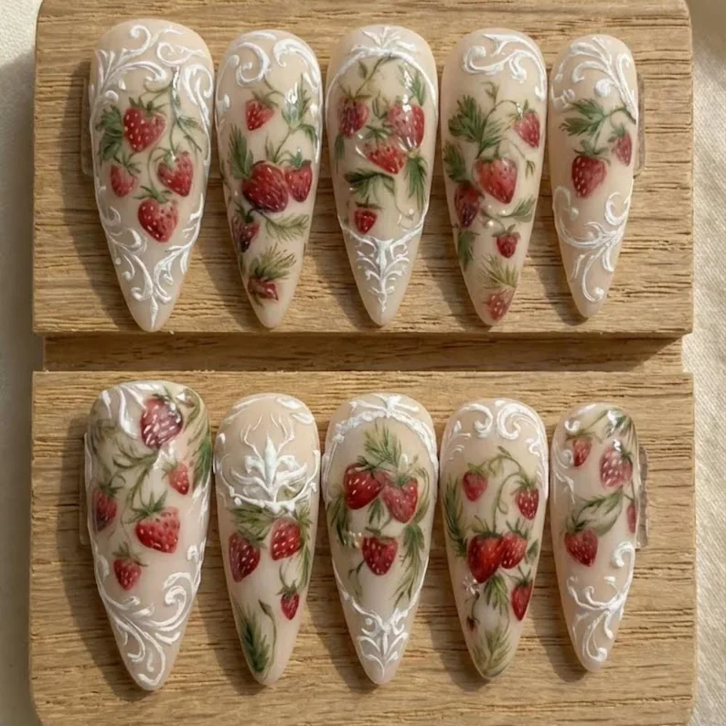 strawberry nail design, coquette nail art, press on nails, custom press on nails, fake nails, Nails Art, stained glass nails, gold press on nails, 3d press on nails, luxury press on nails, handmade press on nails