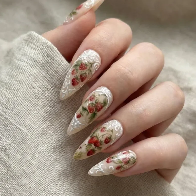 vintage roccoco nails, cream strawberry nails, press on nails, custom press on nails, fake nails, Nails Art, stained glass nails, gold press on nails, 3d press on nails, luxury press on nails, handmade press on nails