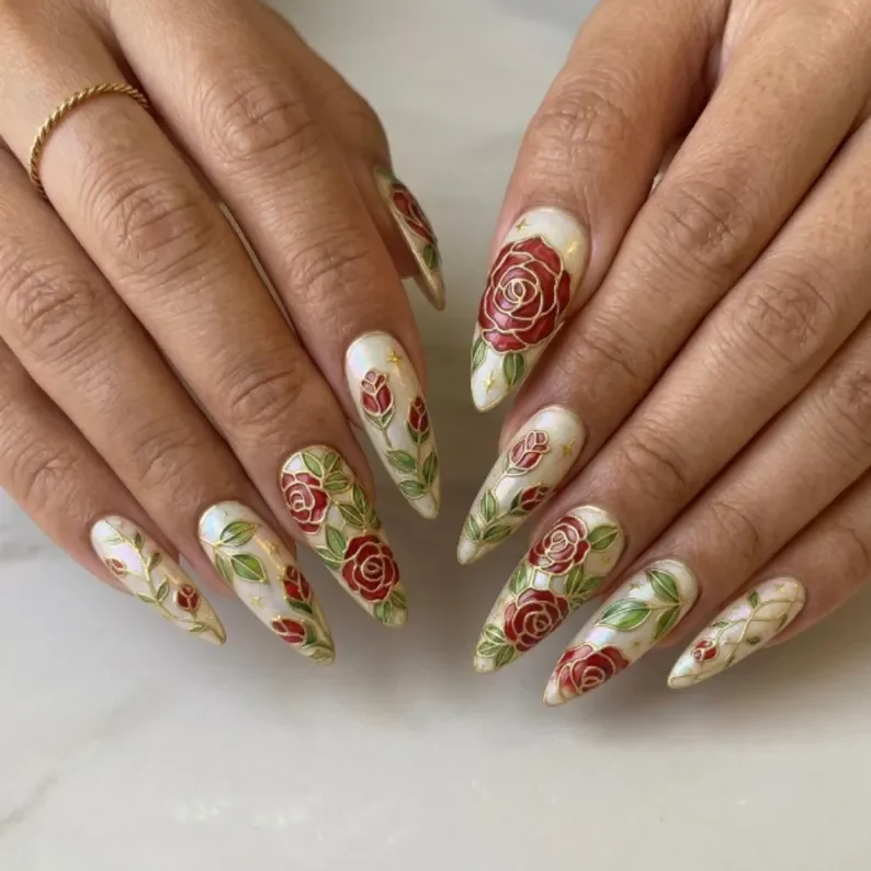 iridescent pearl, red rose art, press on nails, custom press on nails, fake nails, Nails Art, stained glass nails, gold press on nails, 3d press on nails, luxury press on nails, handmade press on nails