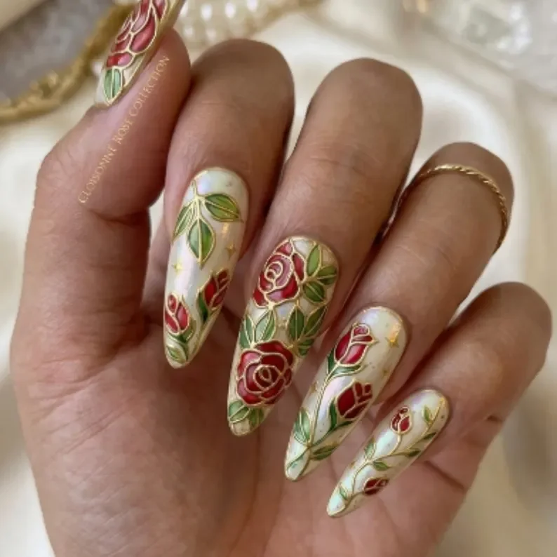 rose stained glass, pearl iridescent nails, press on nails, custom press on nails, fake nails, Nails Art, stained glass nails, gold press on nails, 3d press on nails, luxury press on nails, handmade press on nails