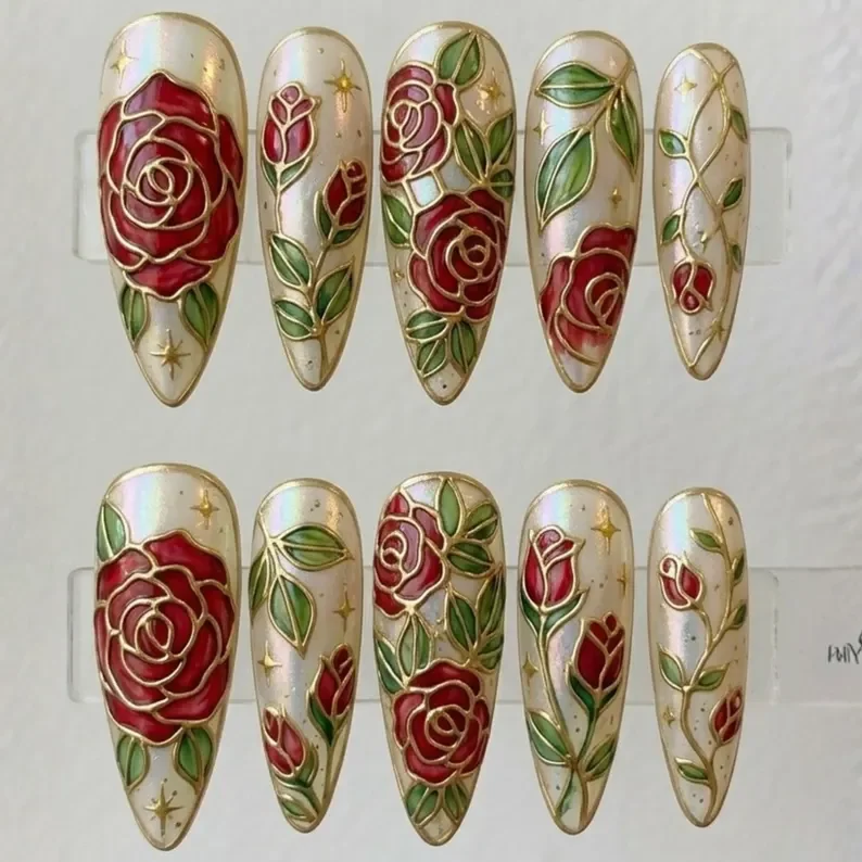 vintage rose nails, stained glass nails, press on nails, custom press on nails, fake nails, Nails Art, gold press on nails, 3d press on nails, luxury press on nails, handmade press on nails