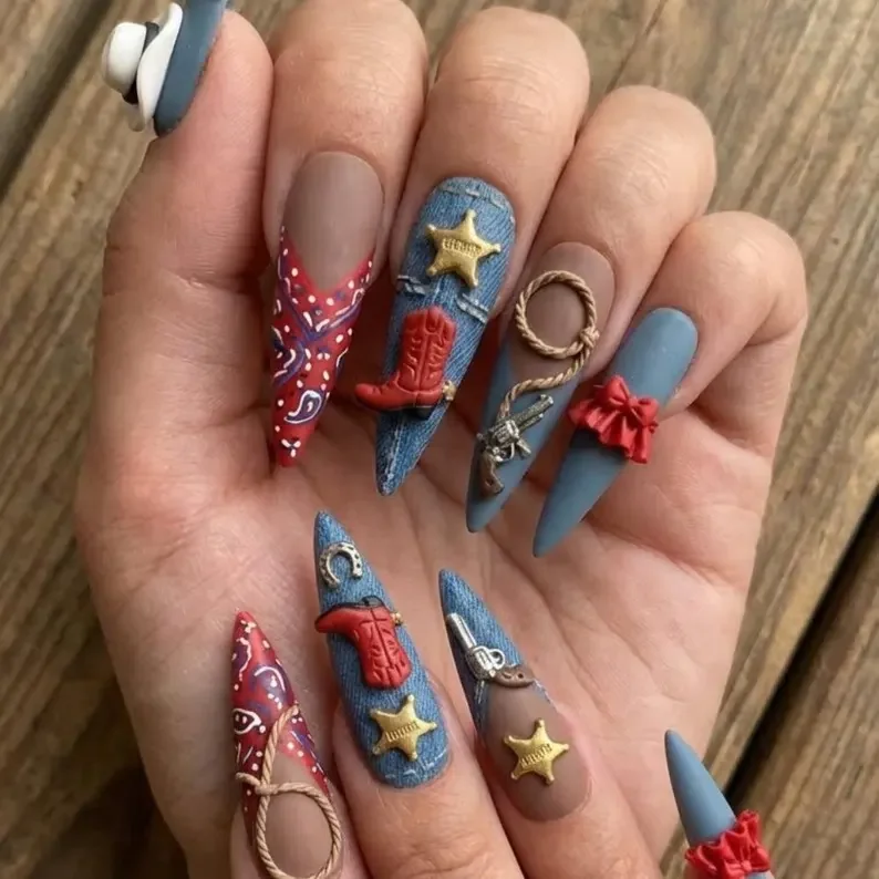 3D cowgirl, rodeo design, press on nails, custom press on nails, fake nails, Nails Art, stained glass nails, gold press on nails, 3d press on nails, luxury press on nails, handmade press on nails