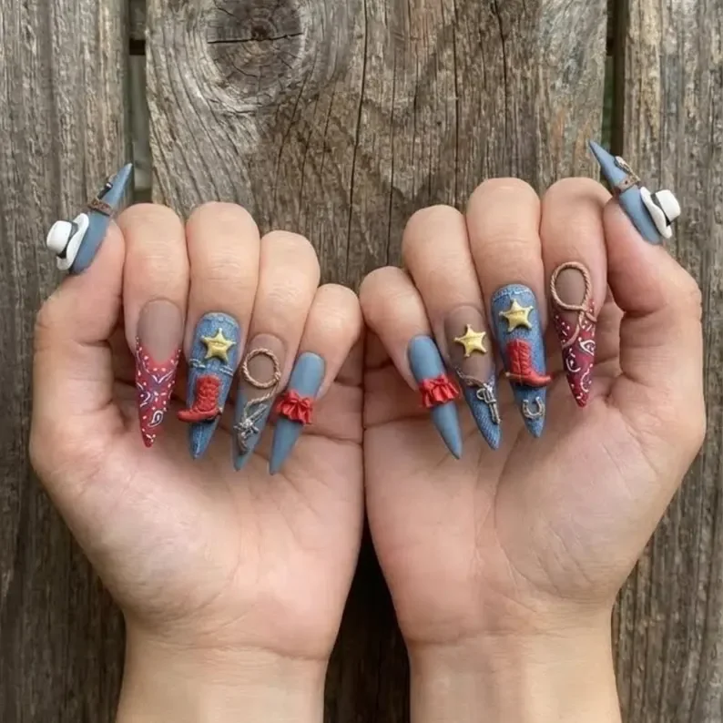 cowgirl nails, western rodeo, press on nails, custom press on nails, fake nails, Nails Art, stained glass nails, gold press on nails, 3d press on nails, luxury press on nails, handmade press on nails