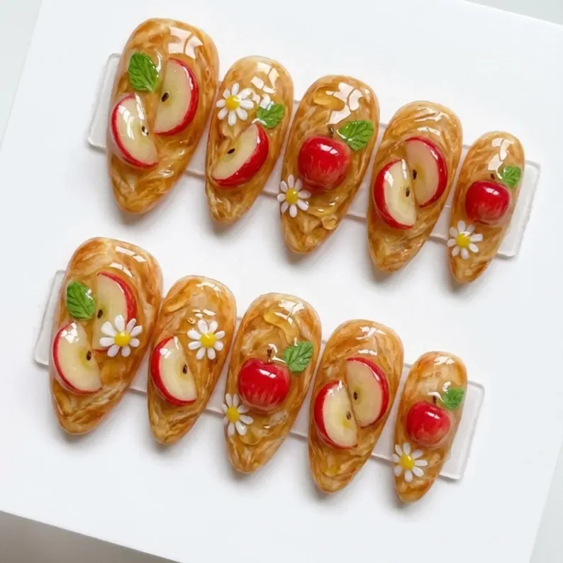 warm apple pie, orchard blossom, press on nails, custom press on nails, fake nails, Nails Art, stained glass nails, gold press on nails, 3d press on nails, luxury press on nails, handmade press on nails