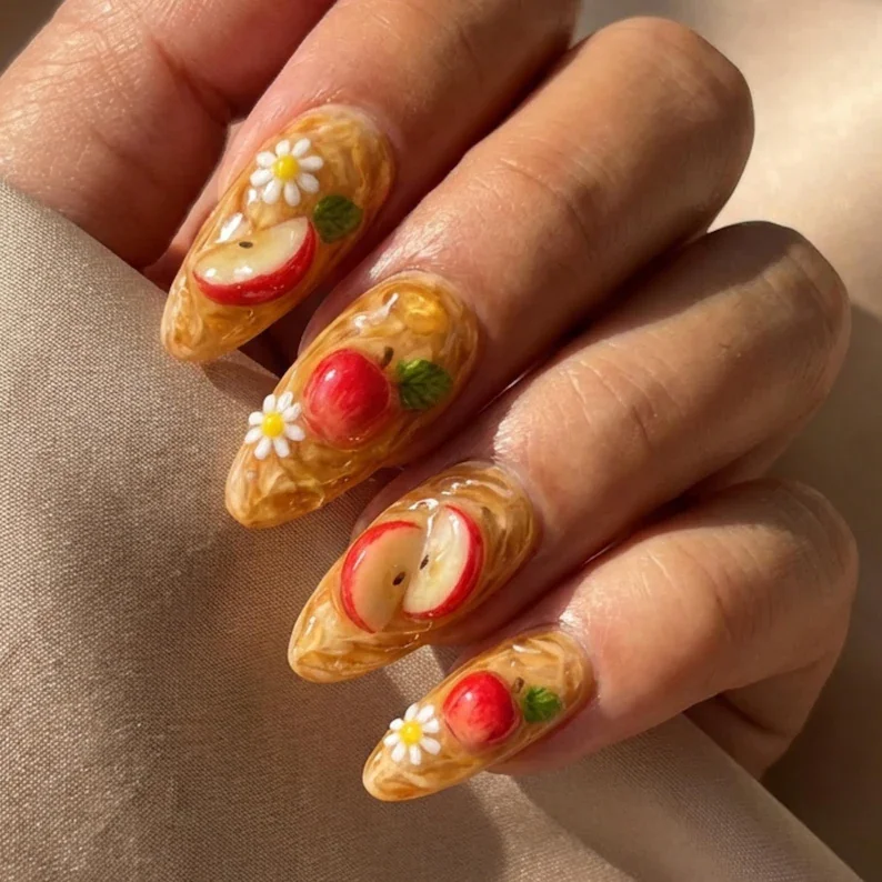 apple pie nails, orchard blossom nails, press on nails, custom press on nails, fake nails, Nails Art, stained glass nails, gold press on nails, 3d press on nails, luxury press on nails, handmade press on nails