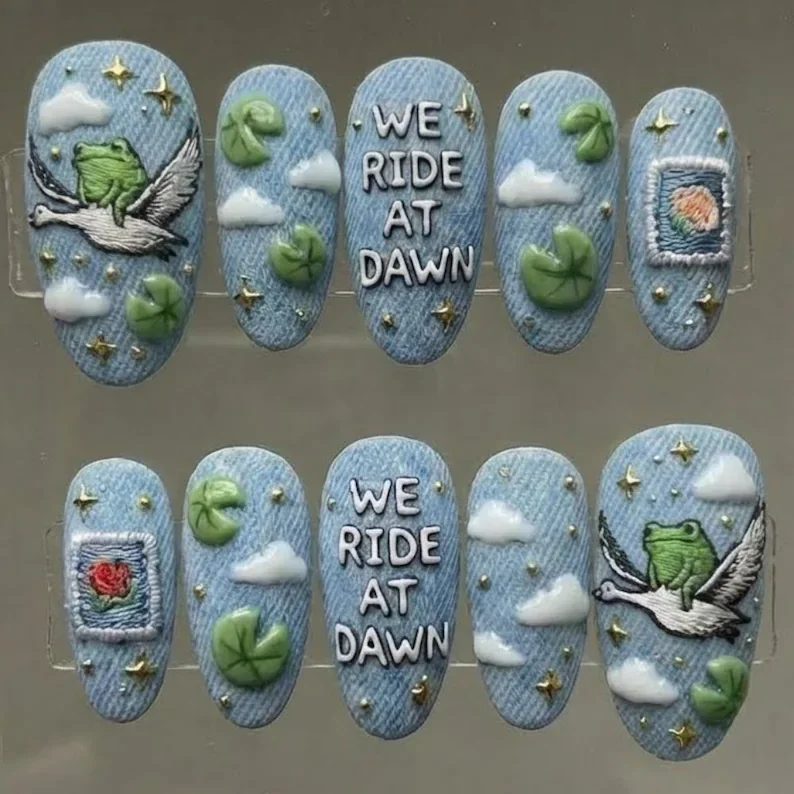 3D press-on nails, denim nail art, press on nails, custom press on nails, fake nails, Nails Art, stained glass nails, gold press on nails, 3d press on nails, luxury press on nails, handmade press on nails
