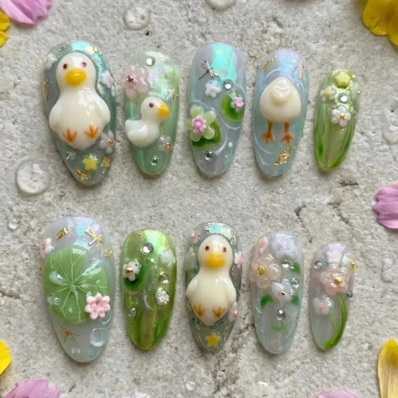 Water Lily Nail Art, Dragonfly Nail Art, press on nails, custom press on nails, fake nails, Nails Art, stained glass nails, gold press on nails, 3d press on nails, luxury press on nails, handmade press on nails