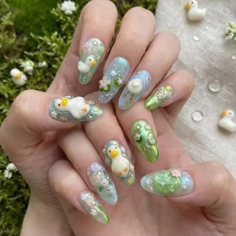 Whimsical Nail Design, Duck Pond Nails, press on nails, custom press on nails, fake nails, Nails Art, stained glass nails, gold press on nails, 3d press on nails, luxury press on nails, handmade press on nails