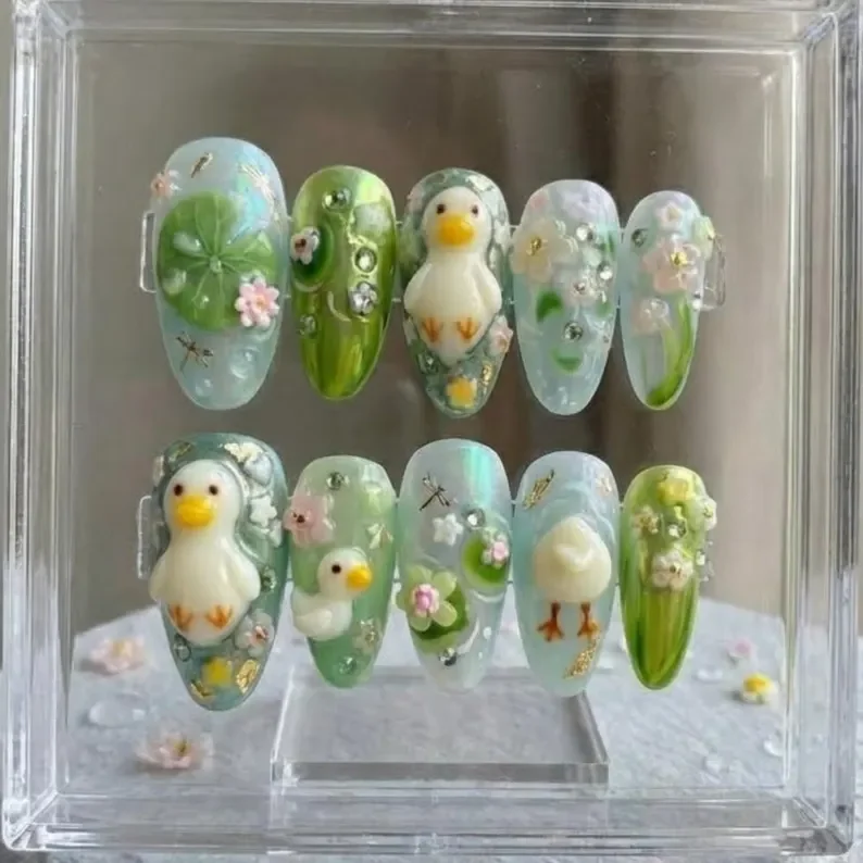 3D Duck Pond, Press-On Nails, press on nails, custom press on nails, fake nails, Nails Art, stained glass nails, gold press on nails, 3d press on nails, luxury press on nails, handmade press on nails