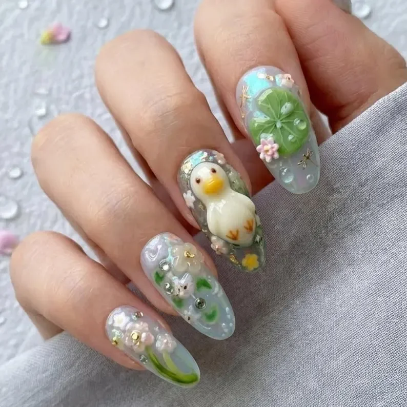 Water Lily Nail Art, Dragonfly Nail Art, press on nails, custom press on nails, fake nails, Nails Art, stained glass nails, gold press on nails, 3d press on nails, luxury press on nails, handmade press on nails