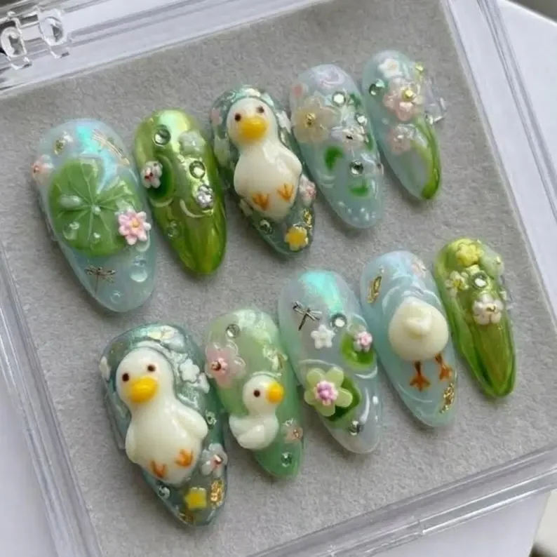 Whimsical Nail Design, Duck Pond Nails, press on nails, custom press on nails, fake nails, Nails Art, stained glass nails, gold press on nails, 3d press on nails, luxury press on nails, handmade press on nails