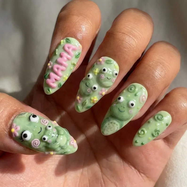 Cute Frog Design, 3D Frog Nails, press on nails, custom press on nails, fake nails, Nails Art, stained glass nails, gold press on nails, 3d press on nails, luxury press on nails, handmade press on nails