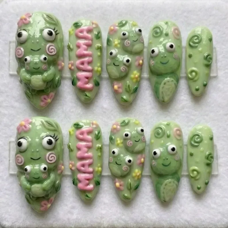 Baby Frog Nails, Press On Nails, press on nails, custom press on nails, fake nails, Nails Art, stained glass nails, gold press on nails, 3d press on nails, luxury press on nails, handmade press on nails