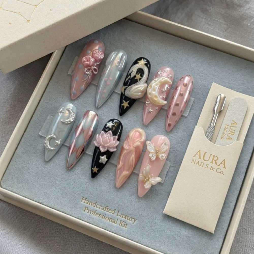 3D swan design, butterfly lotus, press on nails, custom press on nails, fake nails, Nails Art, stained glass nails, gold press on nails, 3d press on nails, luxury press on nails, handmade press on nails