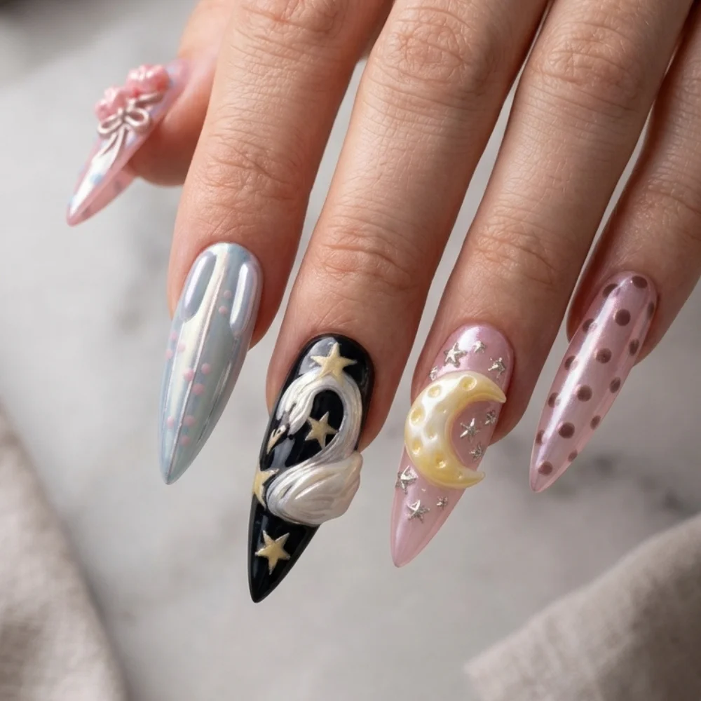celestial nail art, 3D swan design, press on nails, custom press on nails, fake nails, Nails Art, stained glass nails, gold press on nails, 3d press on nails, luxury press on nails, handmade press on nails