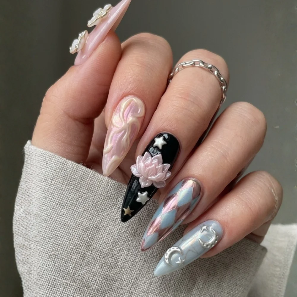 butterfly lotus, moon and stars, press on nails, custom press on nails, fake nails, Nails Art, stained glass nails, gold press on nails, 3d press on nails, luxury press on nails, handmade press on nails