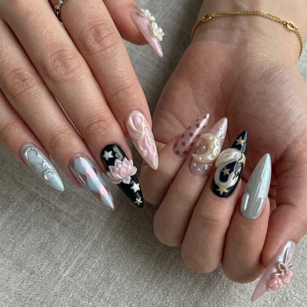 coquette nails, mismatched nails, press on nails, custom press on nails, fake nails, Nails Art, stained glass nails, gold press on nails, 3d press on nails, luxury press on nails, handmade press on nails