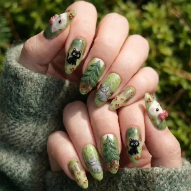 whimsical forest cats, hand-painted 3D nails, press on nails, custom press on nails, fake nails, Nails Art, stained glass nails, gold press on nails, 3d press on nails, luxury press on nails, handmade press on nails