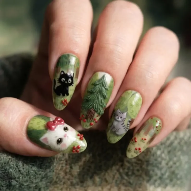 enchanted evergreen, kitty artisan set, press on nails, custom press on nails, fake nails, Nails Art, stained glass nails, gold press on nails, 3d press on nails, luxury press on nails, handmade press on nails