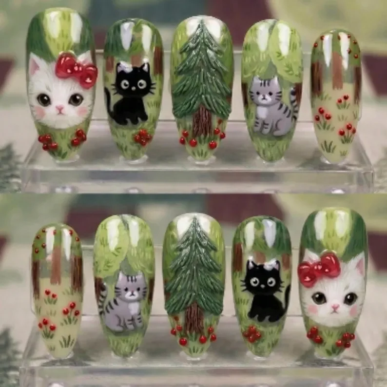 3D press on, forest cat design, press on nails, custom press on nails, fake nails, Nails Art, stained glass nails, gold press on nails, 3d press on nails, luxury press on nails, handmade press on nails