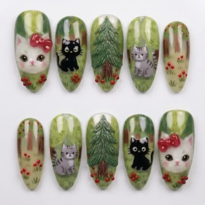 whimsical forest cats, hand-painted 3D nails, press on nails, custom press on nails, fake nails, Nails Art, stained glass nails, gold press on nails, 3d press on nails, luxury press on nails, handmade press on nails