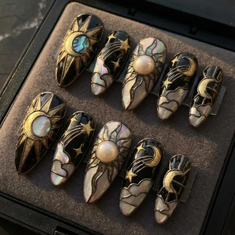 celestial stained glass, sun and moon nails, press on nails, custom press on nails, fake nails, Nails Art, stained glass nails, gold press on nails, 3d press on nails, luxury press on nails, handmade press on nails