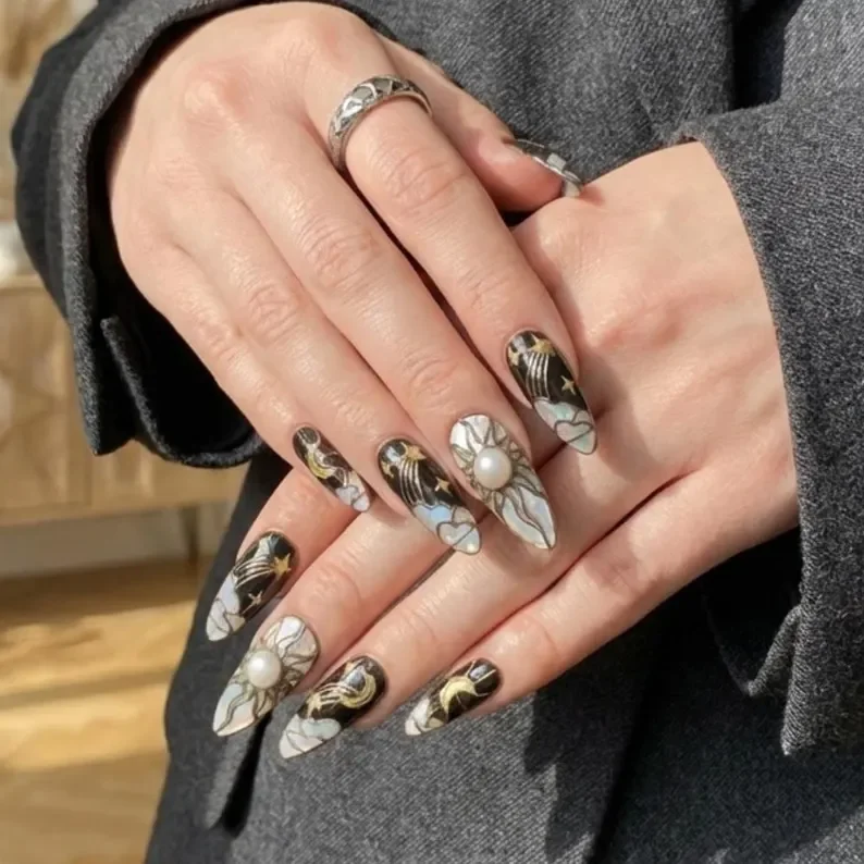 sun and moon nails, gothic nail art, press on nails, custom press on nails, fake nails, Nails Art, stained glass nails, gold press on nails, 3d press on nails, luxury press on nails, handmade press on nails