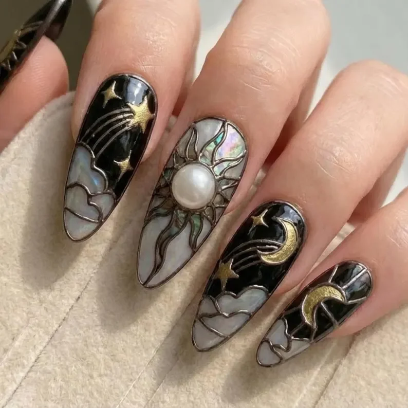 moon phase nails, sun moon gothic, press on nails, custom press on nails, fake nails, Nails Art, stained glass nails, gold press on nails, 3d press on nails, luxury press on nails, handmade press on nails