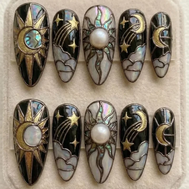 celestial nail design, whimsigoth press on nails, press on nails, custom press on nails, fake nails, Nails Art, stained glass nails, gold press on nails, 3d press on nails, luxury press on nails, handmade press on nails