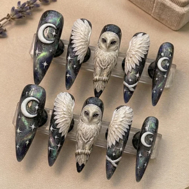 celestial moon art, stiletto press on nails, press on nails, custom press on nails, fake nails, Nails Art, stained glass nails, gold press on nails, 3d press on nails, luxury press on nails, handmade press on nails