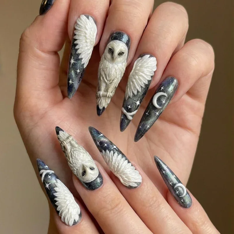 galaxy moon manicure, owl themed nails, press on nails, custom press on nails, fake nails, Nails Art, stained glass nails, gold press on nails, 3d press on nails, luxury press on nails, handmade press on nails