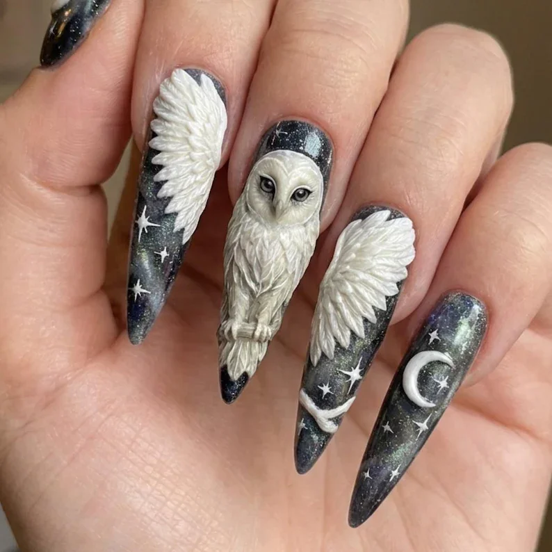 whimsigoth stiletto nails, barn owl press ons, press on nails, custom press on nails, fake nails, Nails Art, stained glass nails, gold press on nails, 3d press on nails, luxury press on nails, handmade press on nails
