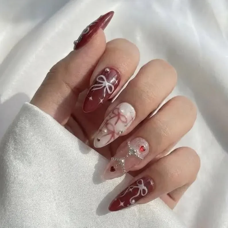 valentine's day nails, burgundy press ons, press on nails, custom press on nails, fake nails, Nails Art, stained glass nails, gold press on nails, 3d press on nails, luxury press on nails, handmade press on nails
