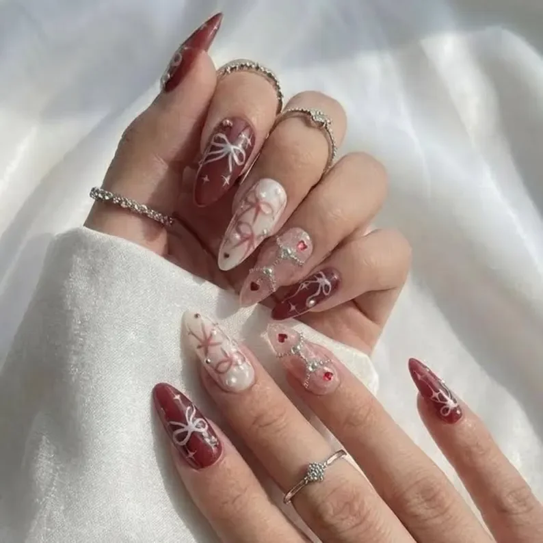 wine red nails, coquette press on, press on nails, custom press on nails, fake nails, Nails Art, stained glass nails, gold press on nails, 3d press on nails, luxury press on nails, handmade press on nails