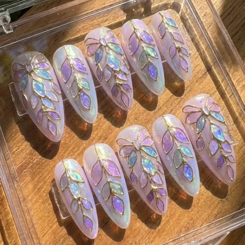 wisteria bow press on, 3D gold floral, press on nails, custom press on nails, fake nails, Nails Art, stained glass nails, gold press on nails, 3d press on nails, luxury press on nails, handmade press on nails