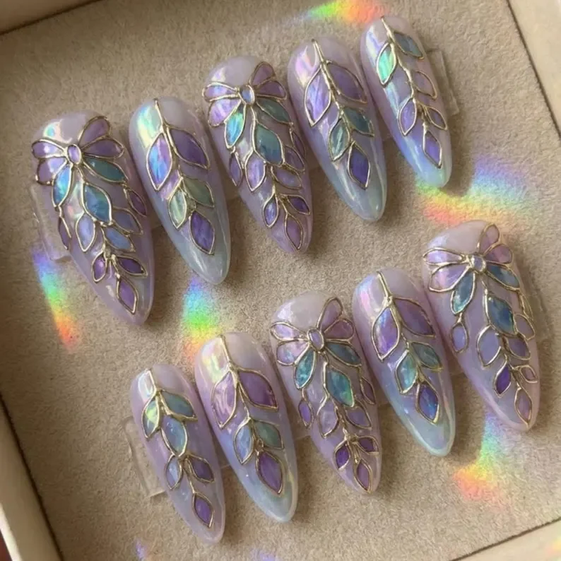 press on nails, gold floral design, custom press on nails, fake nails, Nails Art, stained glass nails, gold press on nails, 3d press on nails, luxury press on nails, handmade press on nails